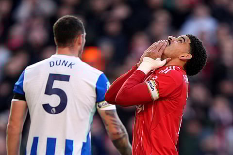 Nottingham Forest's Morgan Gibbs-White rues a missed chance, during the English Premier League soccer match between Nottingham Forest and Bright and Hove Albion, at the City Ground, in Nottingham, England.