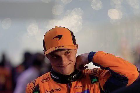 Second placed McLaren driver Oscar Piastri of Australia reacts after the Qatar Formula One Grand Prix, at the Lusail International Circuit, in Lusail, Qatar.
