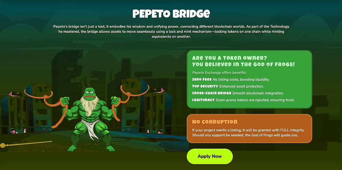 Pepeto Bridge crypto project screen with a muscular green frog character.