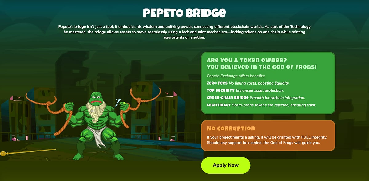 PEPETO BRIDGE graphic featuring a muscular Pepe the Frog character and text about token ownership
