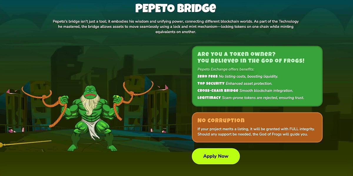 A green cartoon frog god character stands in front of a bridge