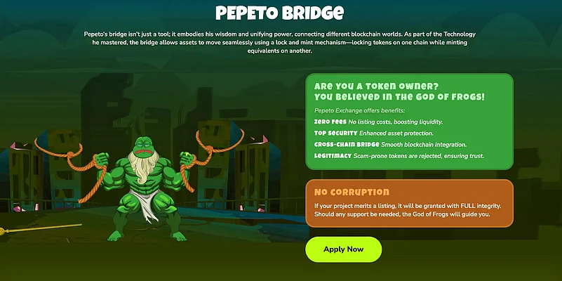 A green cartoon frog god character stands in front of a bridge