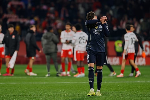 Real Madrid's Federico Valverde reacts during a Spanish La Liga soccer match between Girona and Real Madrid, in Girona, Spain.