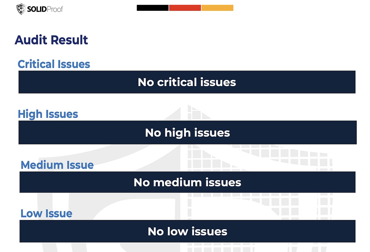 SolidProof Audit Result showing No critical issues, No high issues, and No low issues.