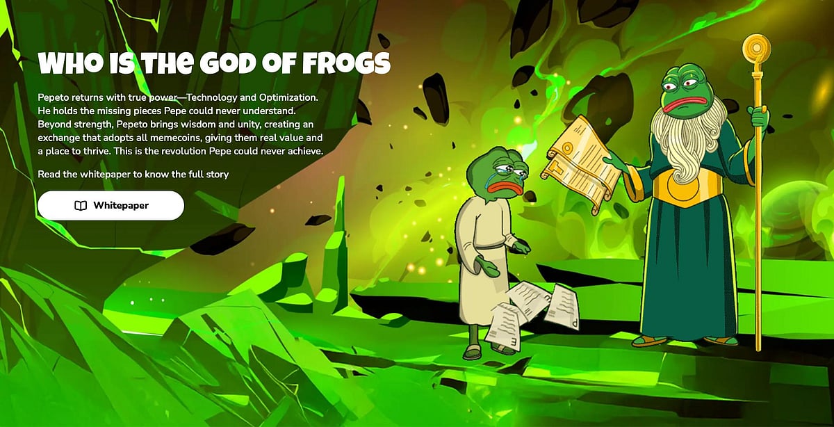Two cartoon frog characters in a green, smoky background