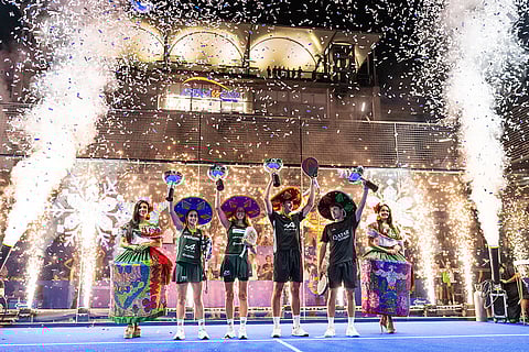 Claudia Fernandez Sanchez of Spain and Gemma Triay Pons of Spain with Arturo Coello of Spain and Agustin Tapia of Argentina on stage after the victories at the GNP MEXICO MAJOR PREMIER PADEL in Acapulco, Mexico on December 1, 2024.