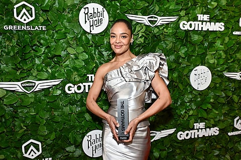 Tessa Thompson poses with the film tribute award at The Gotham Film Awards at Cipriani Wall Street in New York. 