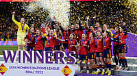 Spain 3-0 Germany, UEFA Women’s Nations League Final Leg 2: La Roja Retain Title As Pina Inspires Big Win | Photo: AP/Bernat Armangue : Spain's team captain Irene Paredes lifts the trophy after winning the UEFA Women's Nations League final match against Germany on December 2, 2025.