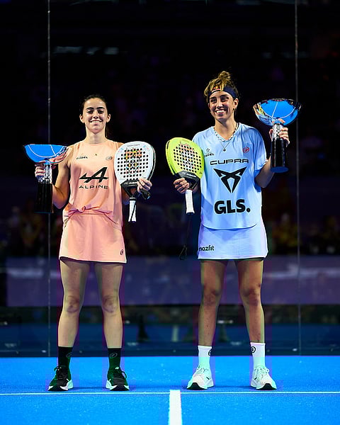 Claudia Fernandez Sanchez and Beatriz Gonzalez Fernandez pose with their winner trophies during the trophy ceremony of thePremier Padel GNP Major Acapulco, Mexico on November 30, 2025.