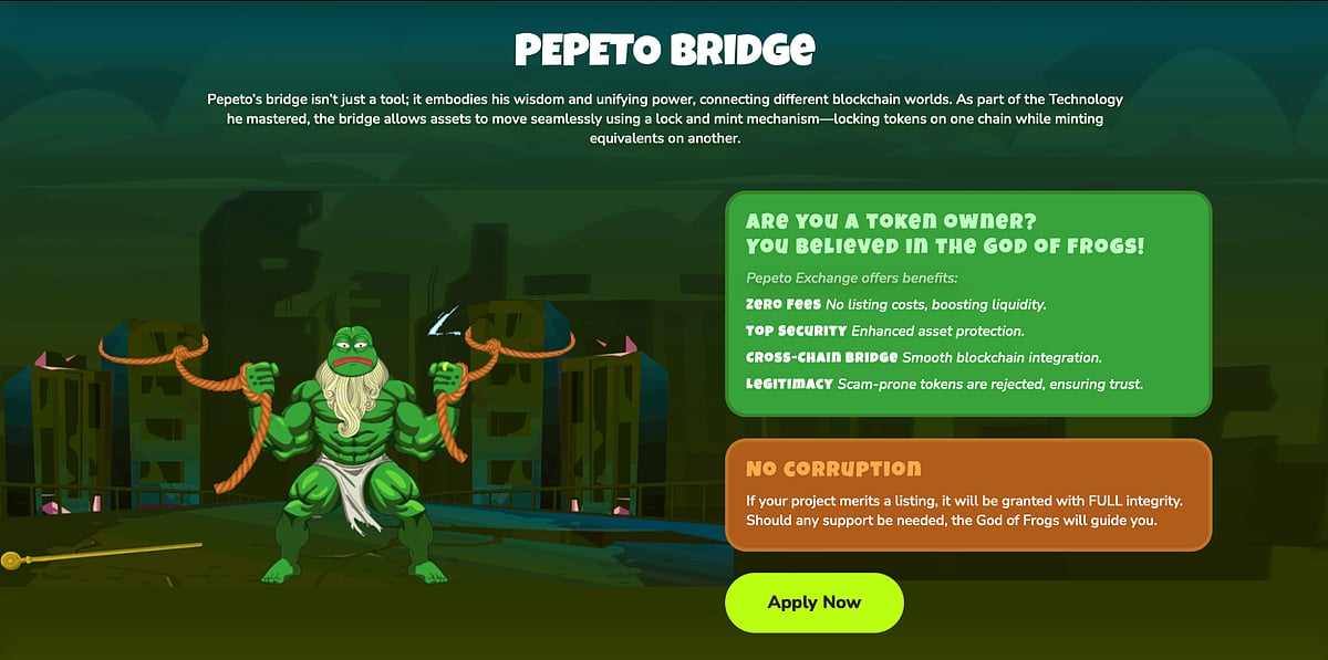 Image of the Pepeto Bridge platform showing a Pepe the Frog character and text.
