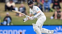 (John Davidson/Photosport via AP) : New Zealand's Kane Williamson bats against the West Indies during their cricket test match in Christchurch, New Zealand, Tuesday, Dec. 2, 2025