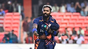 X : Hardik Pandya in action for Baroda vs Punjab in their SMAT 2025-26 match