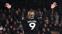 Fulham 4-5 Manchester City, Premier League: Erling Haaland Hits 100 PL Goals In Craven Cottage Thriller Erling Haaland celebrates his 100th Premier League goal