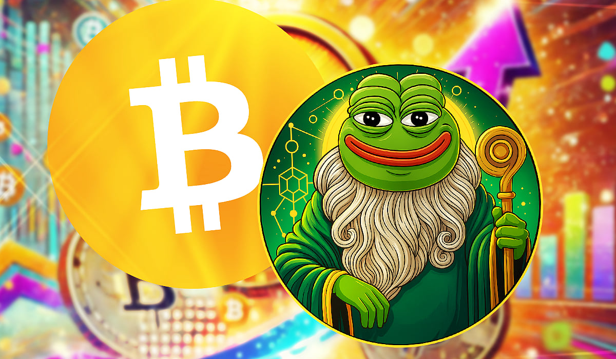 Pepe the Frog wizard over a Bitcoin symbol, titled The Meme Utility Project.