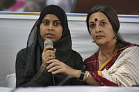 In The 'New India' No One Lynched Mohammad Akhlaq NEW DELHI, INDIA - SEPTEMBER 27: Shaista, daughter of Mohammad Akhlaq Saifi with with CPI(M) politburo member Brinda Karat during a protest by AIDWA to get judgment in favor of the families of the victims of mob lynching at Jantar Mantar on September 27, 2018 in New Delhi, India. (Photo by Sanchit Khanna Hindustan Times) Shaista, Daughter Of Lynching Victim Mohammad Akhlaq Demands Justice For Lynching Victims.