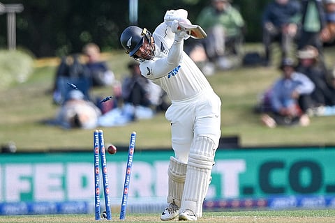 New Zealand's Tom Blundell is bowled by the West Indies' Ojay Shields during their cricket test match in Christchurch, New Zealand.