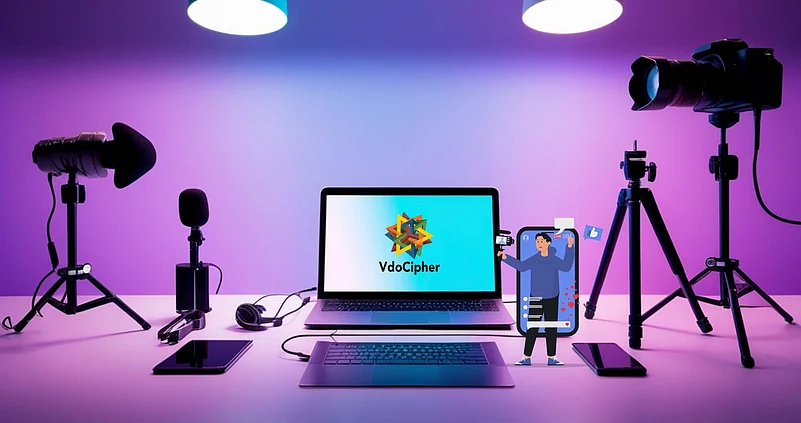 A computer setup with cameras, lights, and a phone displaying a person