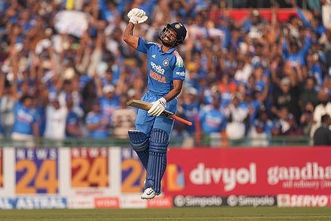 India's Ruturaj Gaikwad celebrates his century during the second ODI cricket match of a series between India and South Africa, at Shaheed Veer Narayan Singh International Stadium, in Raipur, Chhattisgarh.