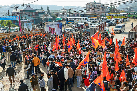 ABVP members stage a protest against the Congress-led Himachal Pradesh government over various student-related demands, in Dharamshala.
