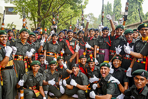 Agniveers celebrate after their passing out parade, in Secunderabad, Hyderabad/