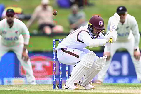 West Indies' batsman Tagenarine Chanderpaul ducks a bouncer during their cricket test match against New Zealand in Christchurch, New Zealand.