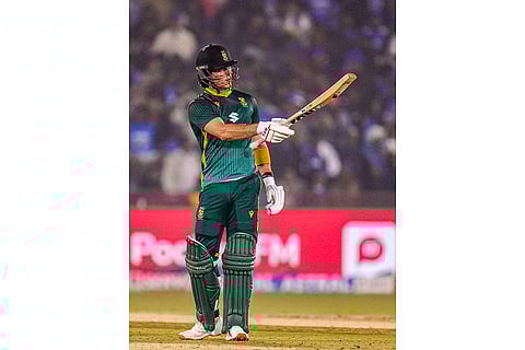 South Africa's Dewald Brevis celebrates his half century during the second ODI cricket match of a series between India and South Africa, at Shaheed Veer Narayan Singh International Stadium, in Raipur, Chhattisgarh,