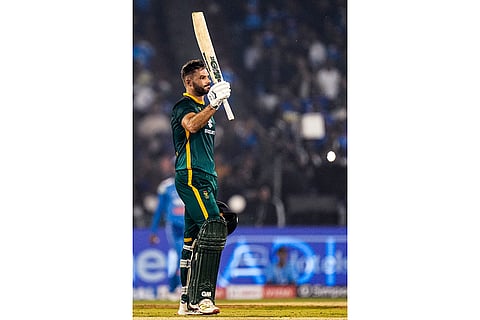 South Africa's Aiden Markram celebrates his century during the second ODI cricket match of a series between India and South Africa, at Shaheed Veer Narayan Singh International Stadium, in Raipur, Chhattisgarh.