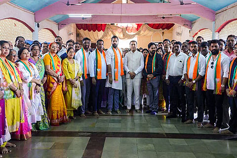 In this image, Goa Chief Minister Pramod Sawant at Shree Shantadurga Kumbarjuvekarin Temple, Marcel, in Goa. BJP's campaign for Corlim Zilla Panchayat candidate Siddhesh Shripad Naik was also launched.