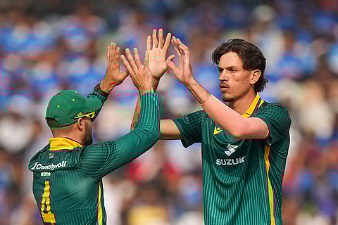 South Africa’s Marco Jansen, right, and Aiden Makram celebrate the wicket of India's Yashasvi Jaiswal during the second ODI cricket match of a series between India and South Africa, at Shaheed Veer Narayan Singh International Stadium, in Raipur, Chhattisgarh.
