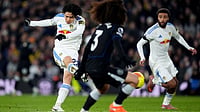 | Photo: AP/Mike Egerton : Leeds United's Ao Tanaka scores his sides second goal against Chelsea during a English Premier League match on December 3, 2025.