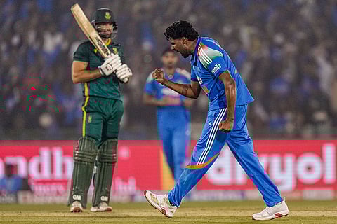 India’s Harshit Rana celebrates the wicket of South Africa's Aiden Markram during the second ODI cricket match of a series between India and South Africa, at Shaheed Veer Narayan Singh International Stadium, in Raipur, Chhattisgarh.
