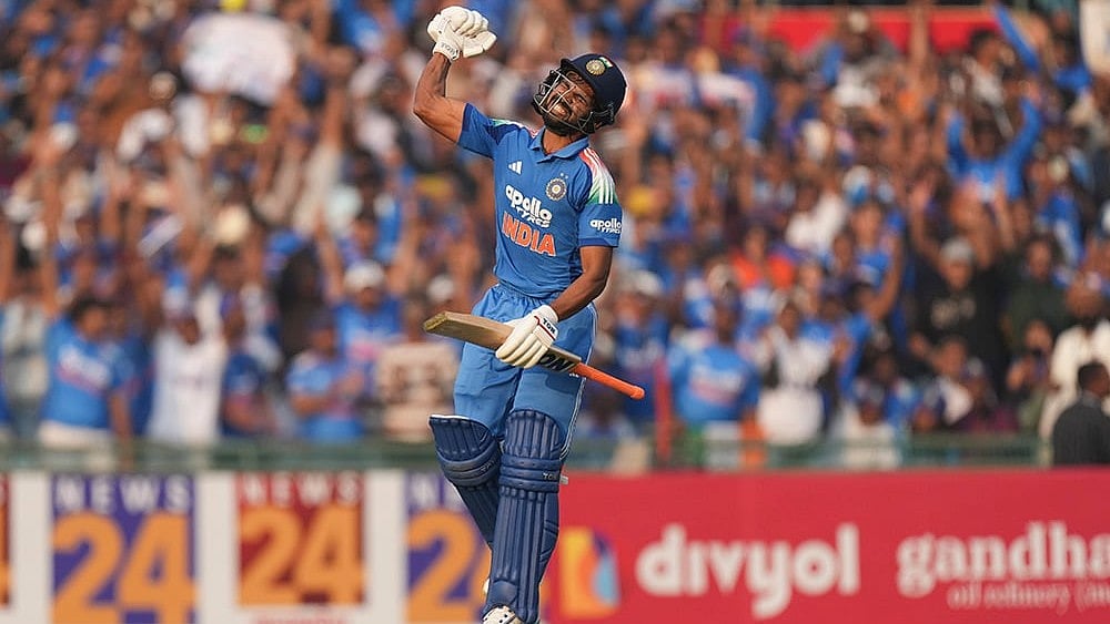 India's Ruturaj Gaikwad celebrates his century during the second ODI cricket match of a series between India and South Africa, at Shaheed Veer Narayan Singh International Stadium, in Raipur, Chhattisgarh. - | Photo: PTI/Kunal Patil