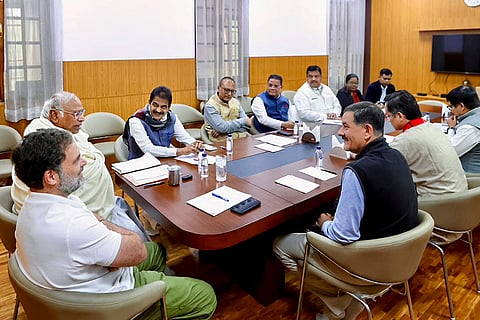 In this image, LoP in the Lok Sabha and Congress leader Rahul Gandhi, party President Mallikarjun Kharge and party MP KC Venugopal during a meeting with the Assam Leadership Team, in New Delhi.