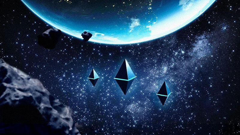Glowing blue diamond shapes float in space
