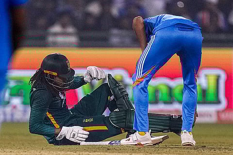 South Africa's Tony de Zorzi after getting injured during the second ODI cricket match of a series between India and South Africa, at Shaheed Veer Narayan Singh International Stadium, in Raipur, Chhattisgarh.