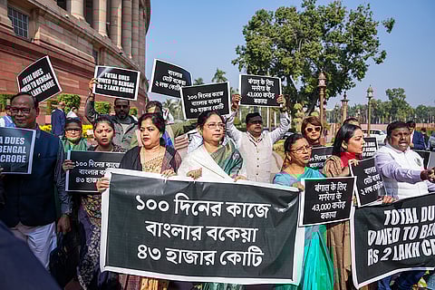 TMC MPs at a protest during the Parliament's Winter Session, in New Delhi.