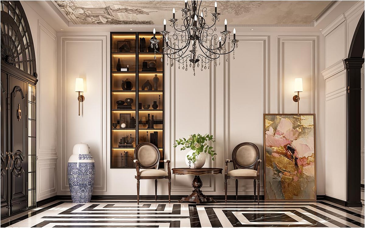 Luxurious hallway with patterned flooring, elegant chairs, artwork, and a chandelier.