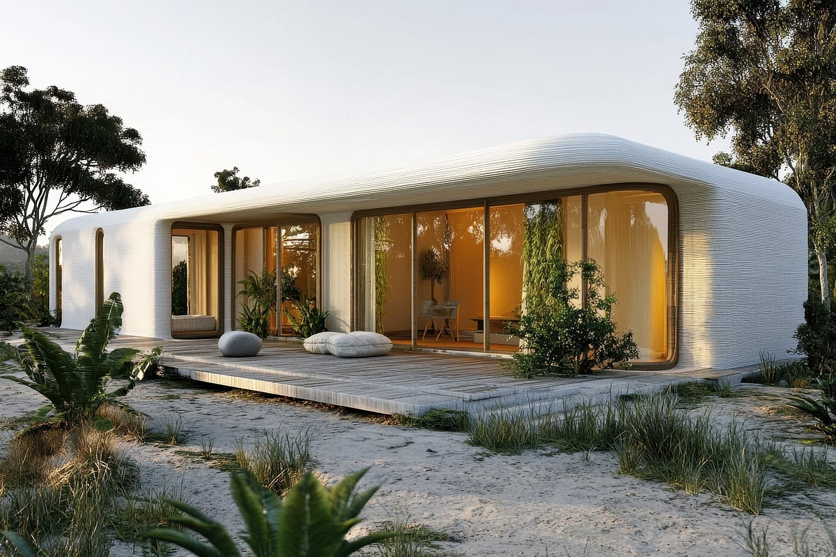Modern, curved house with large windows and a wooden deck in a dry, sandy landscape.