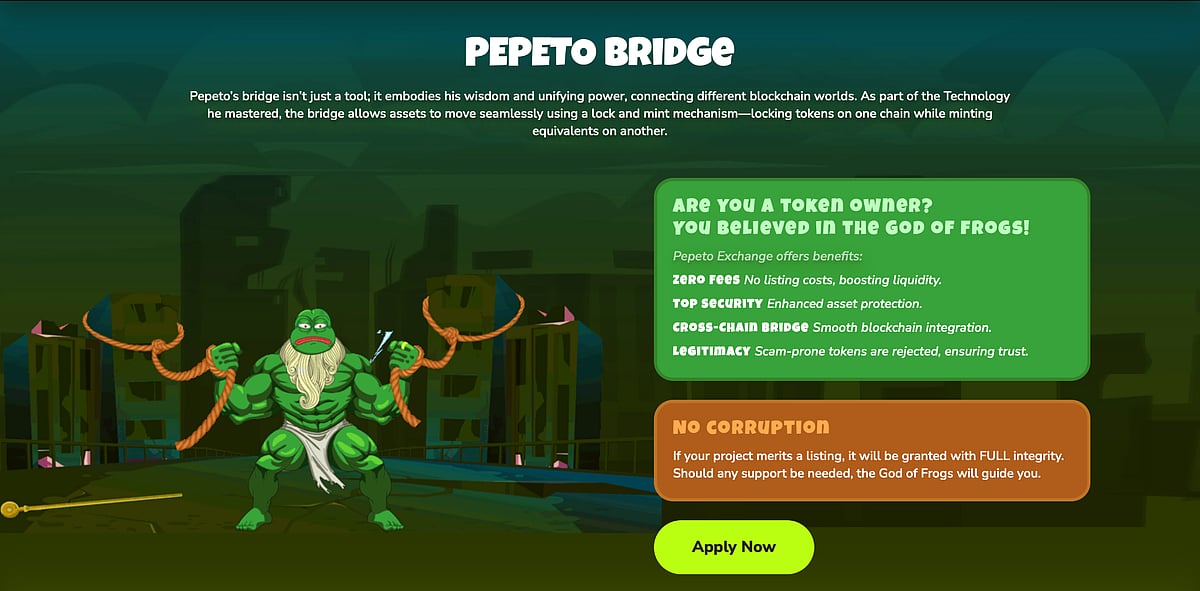 Pepeto Bridge crypto project screen with a muscular green frog character.