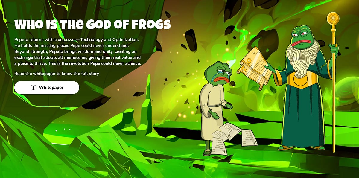 Cartoon frog characters in a green fantasy scene with text about the ‘God of Frogs.