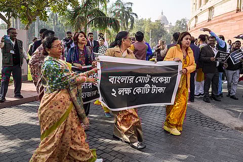 TMC MPs Pratima Mondal, Rachna Banerjee, Kakoli Ghosh Dastidar, Satabdi Roy and others participate in a protest march over the issue of pending Central dues for West Bengal, during the Winter session of Parliament, in New Delhi.