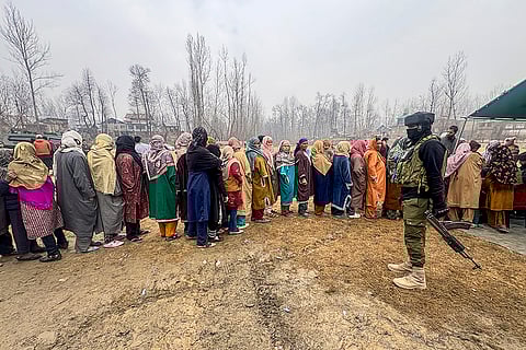 Villagers wait in a queue at a free medical camp organised by 1 Rashtriya Rifles (Mahar Regiment), Indian Army, at Redwani Bala in Kulgam district, Jammu and Kashmir.