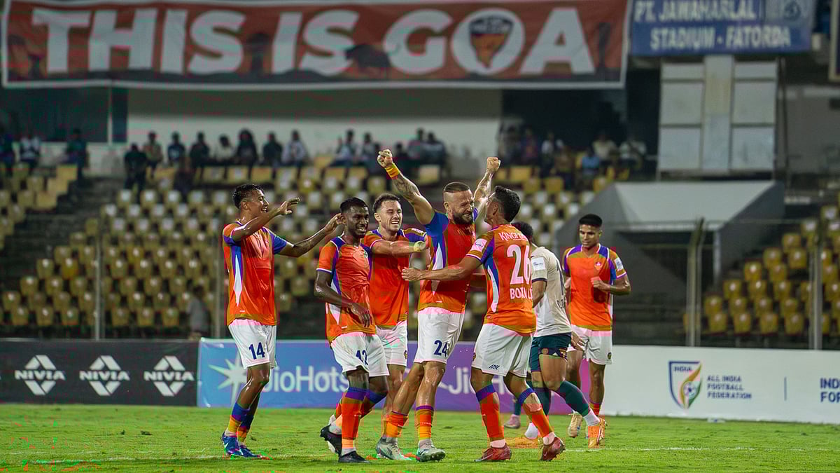 FC Goa's players celebrate a goal during the AIFF Super Cup semi-final match against Mumbai City FC on December 4, 2025. - | Photo: AIFF