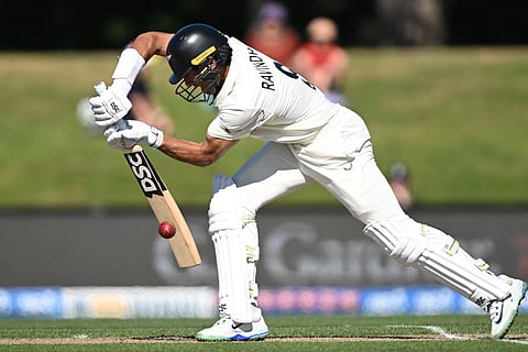 New Zealand's batters Rachin Ravindra bats against the West Indies on day 3 during their cricket test match in Christchurch, New Zealand.