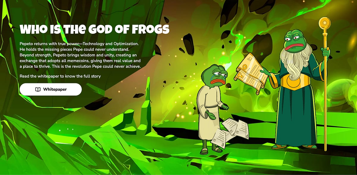 Pepe the Frog characters in a dramatic green environment, one as a deity, one looking worried.