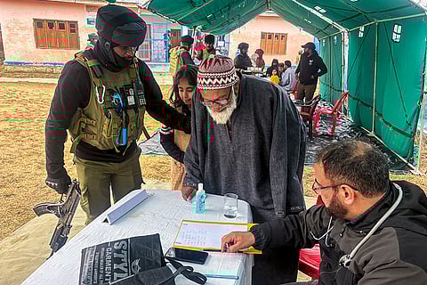 A villager undergoes health check-up at a free medical camp organised by 1 Rashtriya Rifles (Mahar Regiment), Indian Army, at Redwani Bala in Kulgam district, Jammu and Kashmir.