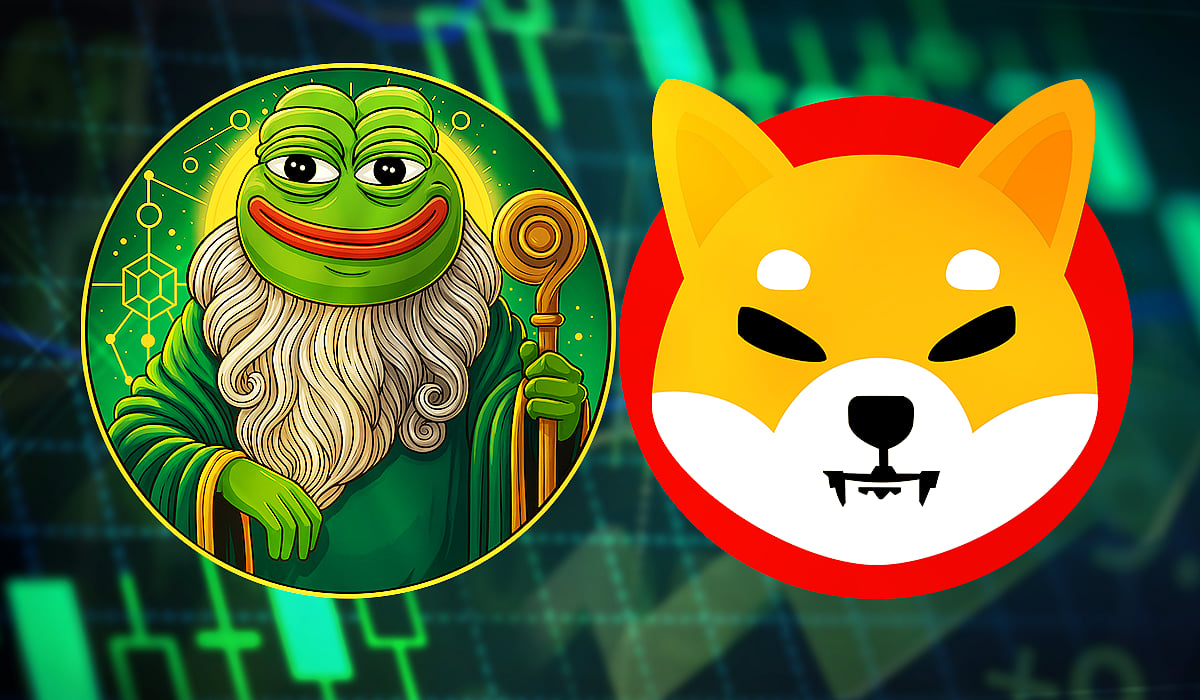 Two crypto logos: Pepeto and a Shiba Inu.