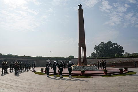 Chief of Defence Staff General Anil Chauhan, Vice Chief of Army Staff Lt Gen Pushpendra Singh, Vice Chief of the Air Staff Air Marshal Narmdeshwar Tiwari, Chief of Defence Staff General Anil Chauhan and Chief of Naval Staff Admiral Dinesh K Tripathi during Navy Day observance at National War Memorial, in New Delhi.