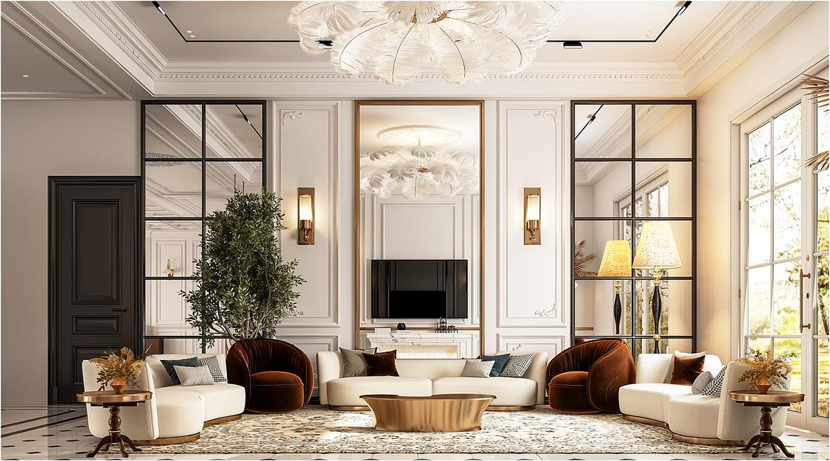 Elegant modern living room with large windows, plush seating, and warm ambient lighting.