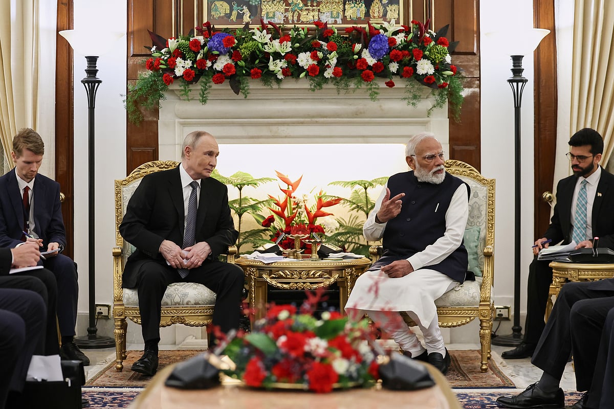 AP/PTI; Alexander Kazakov : Russian President Vladimir Putin, second left, and Indian Prime Minister Narendra Modi, second right, attend the talks at the Hyderabad House in New Delhi, India, Friday, Dec. 5, 2025. 